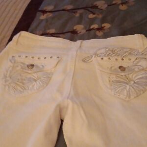 White Denim Distressed & Embellished Capris